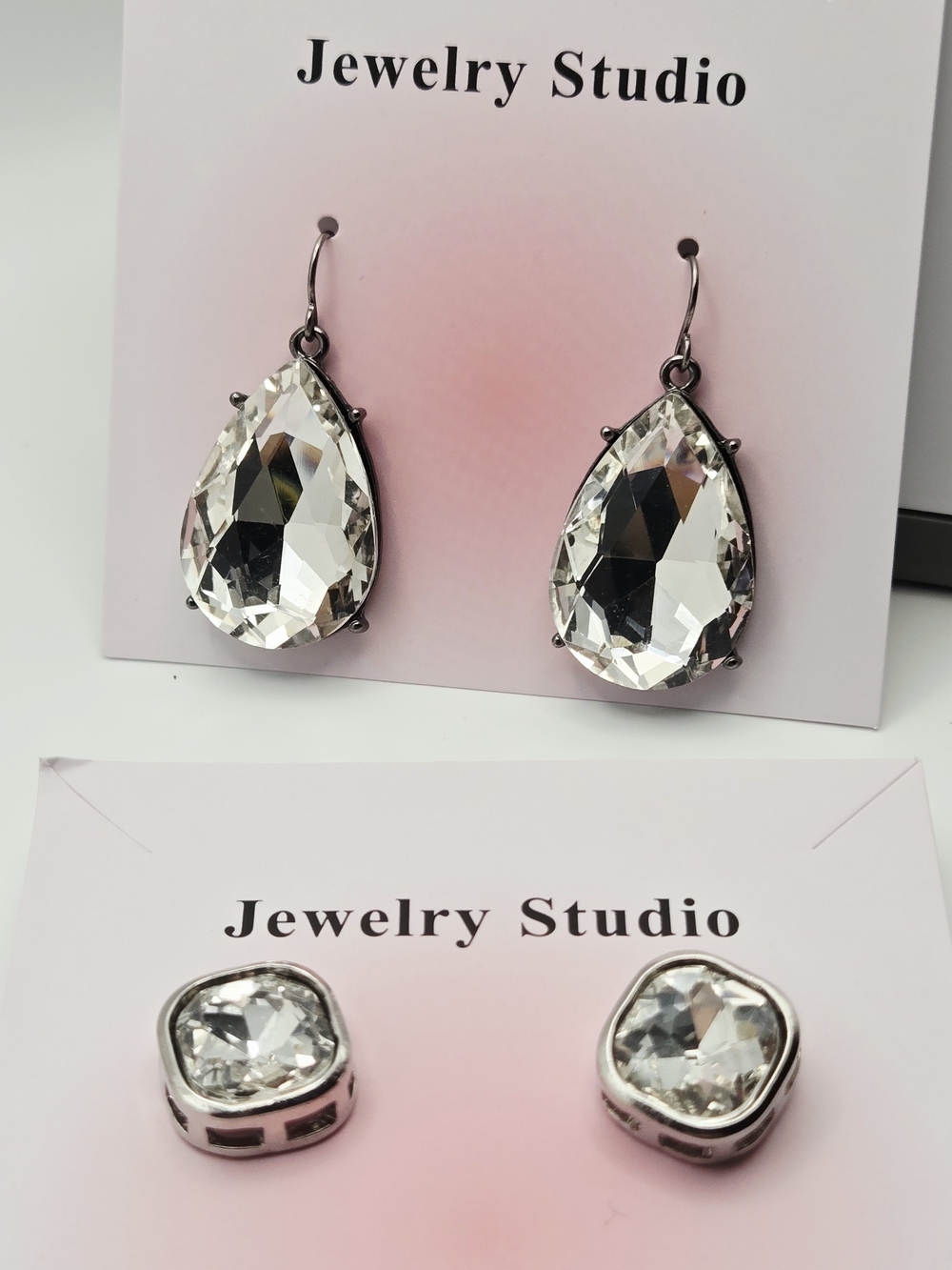 Fashion Jewelry Clear Teardrop Dangle & Clear Stud Glass Stone Earring Set Of 2 - Picture 4 of 16